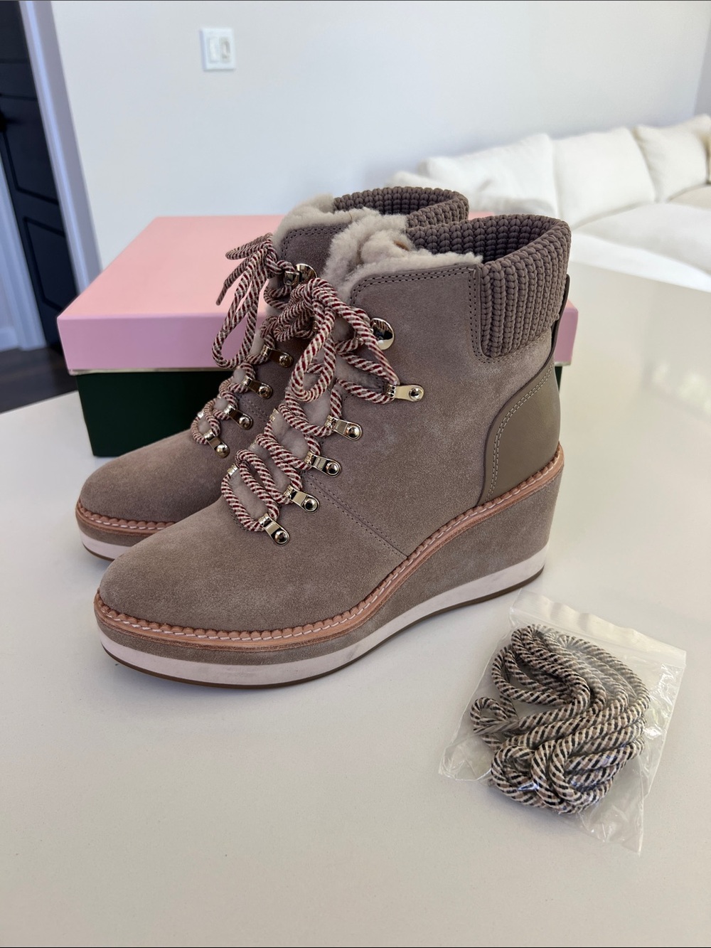 Kate Spade willow rustic muted soft brown suede leather wedge ankle boots bootie